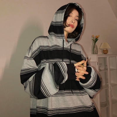 Áo Hoodie Tay Dài Dáng Rộng Họa Tiết Kẻ Sọc Thời Trang Mùa Thu Hàn Quốc Mới