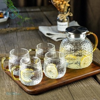 Bộ Trà Thuỷ Tinh 1 Bình 4 ly Hoa Văn Nổi Siêu Đẹp