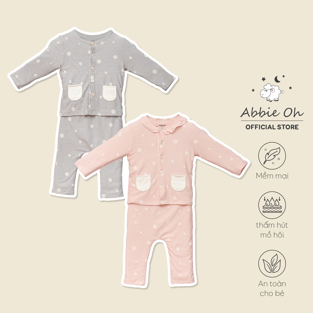 Bộ quần áo dài tay cotton cài thẳng ABBIEOH phối túi họa tiết chấm bi cho bé trai và bé gái  0-24 tháng BD147 AW20