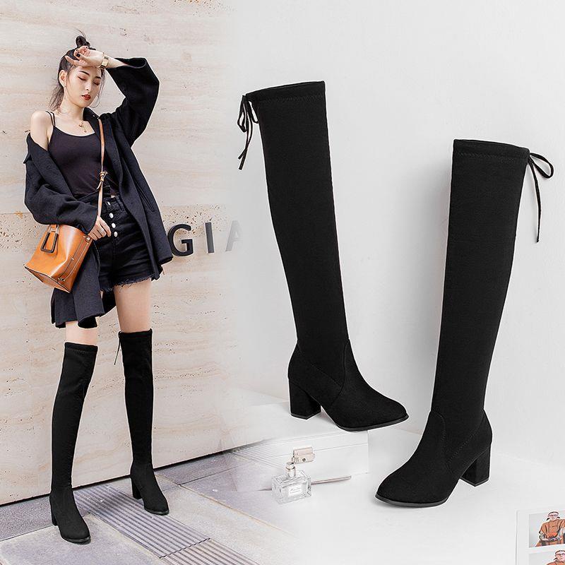 Giày Bốt Cao Gót Cổ Cao Qua Đầu Gối Phối Nhung Dày Buộc Dây Thời Trang Thu Đông Mới