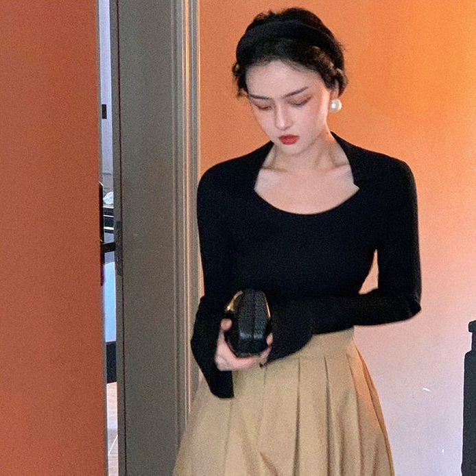 COZOK Áo len tay dài ống loe cổ điển