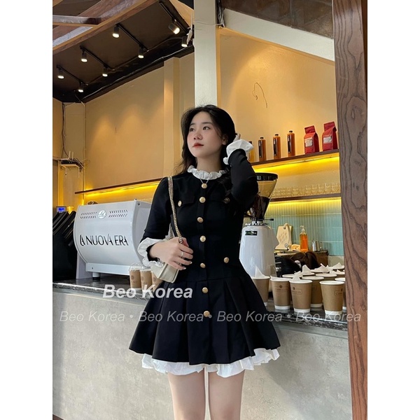 Đầm Đen Phối Bèo Trắng Cúc Đồng Hàng Thiết Kế Quảng Châu Cao Cấp