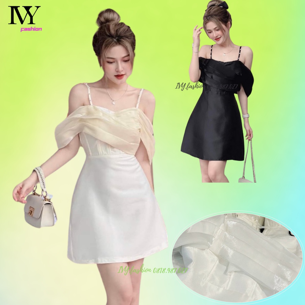 Đầm váy 2 dây xòe 🔥tafta bèo voan kiếng🔥 trắng đen kem trễ vai bèo tay đi biển dự tiệc dạo phố bigsize