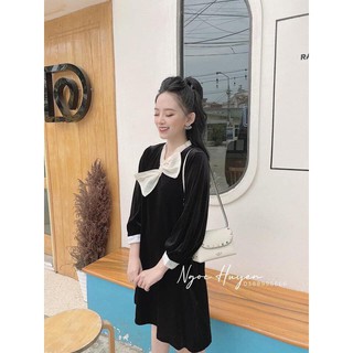 Váy suông nhung đen cổ nơ