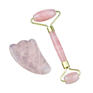 Bộ dụng cụ làm thon đẹp gồm miếng cạo Gua Sha và cây lăn massage mặt bằng đá ngọc thạch anh hồng tự nhiên