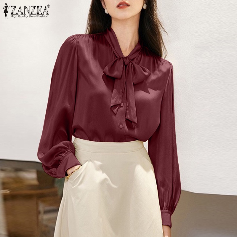 Áo sơ mi satin ZANZEA dáng rộng màu trơn phối dây buộc nơ thời trang cho nữ