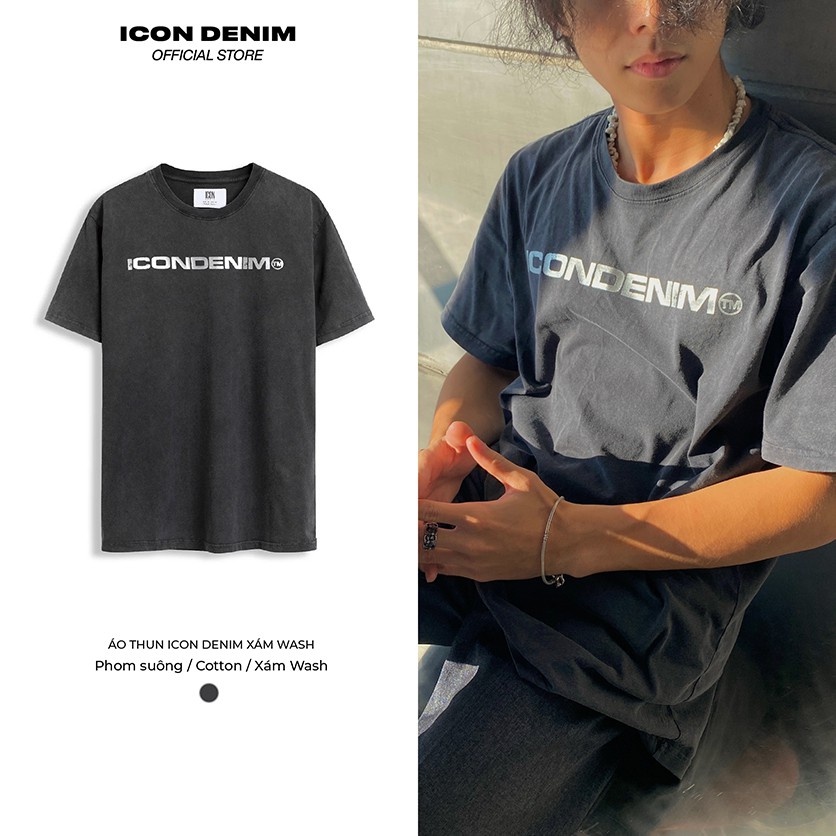 Áo Thun Wash Xám Nam ICON DENIM Tay Ngắn Chất, Hình In Phản Quang