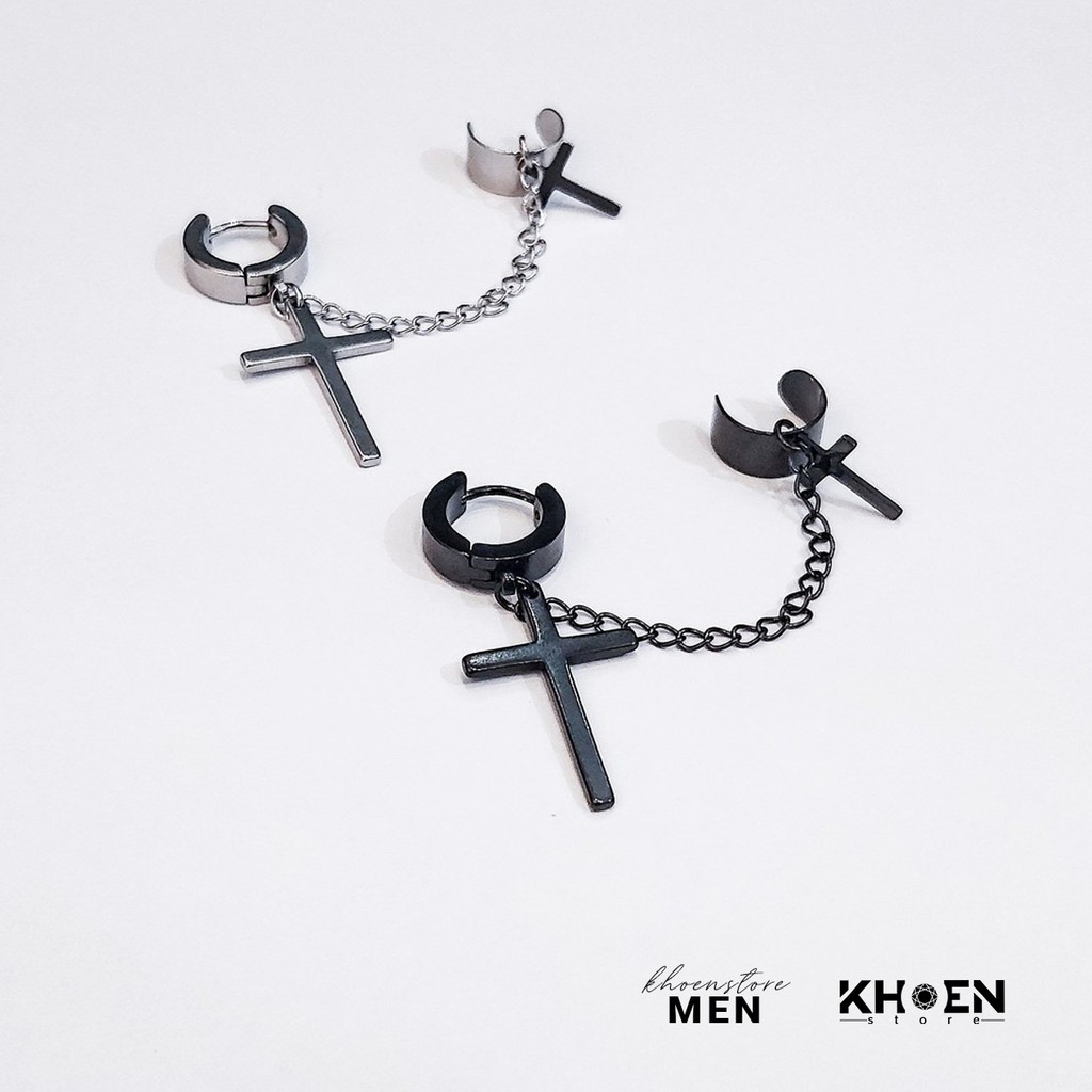 (1 Chiếc) Khuyên Thánh giá xích kẹp vành earcuff đen và bạc - Khoen Store