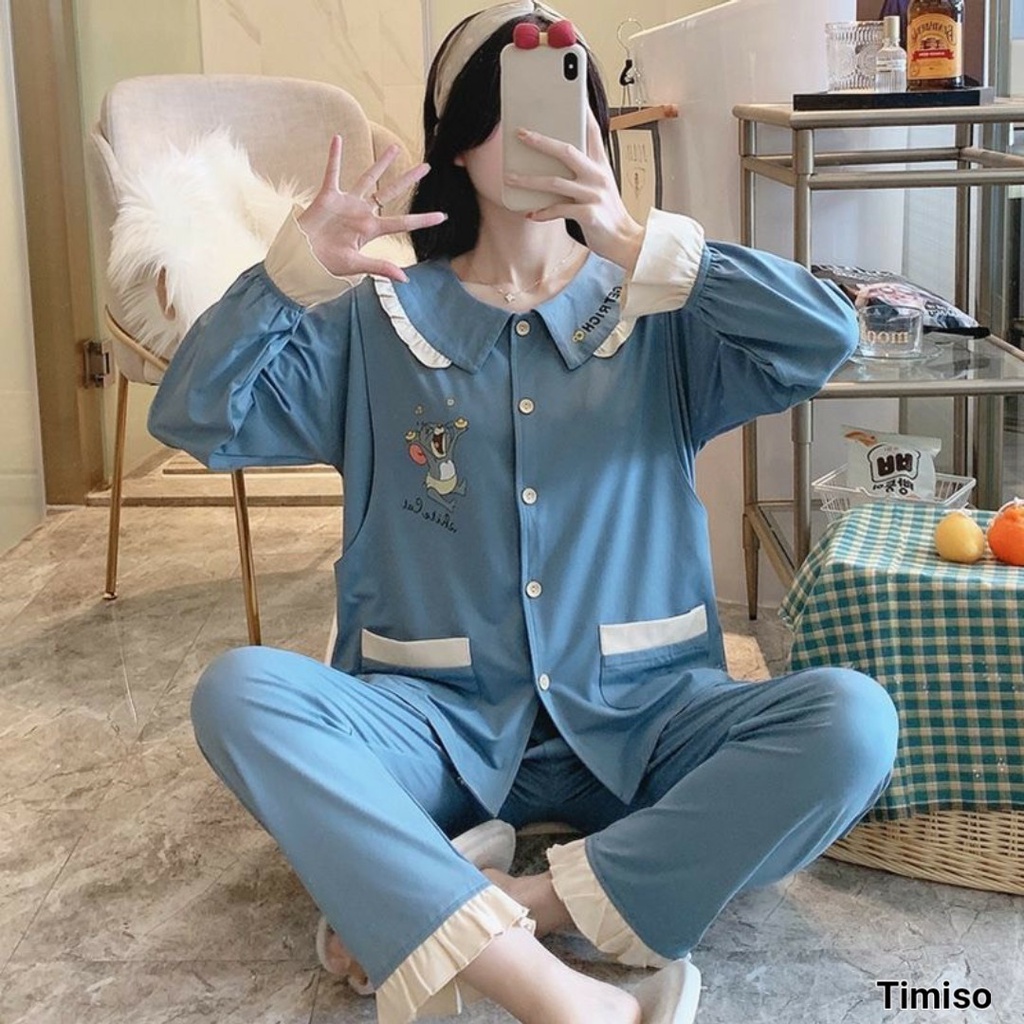 Bộ đồ bầu dài tay chất Cotton với thiết kế cổ bèo  họa tiết hoạt hình xinh xắn dễ thương BD950