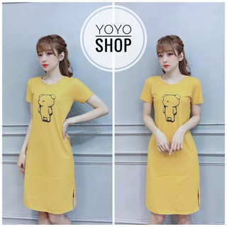 Đầm phông dáng suông thun thái cho nữ cổ tròn xẻ tà tay ngắn form dưới 60kg in hình màu vàng