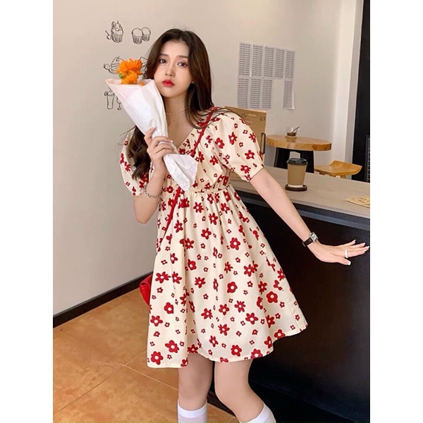 đầm fom ngắn bông lụa kiểu cổ v ngắn tay