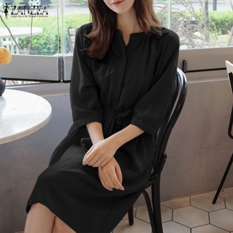Đầm midi Zanzea tay 3/4 cổ tròn dáng rộng thời trang cho nữ