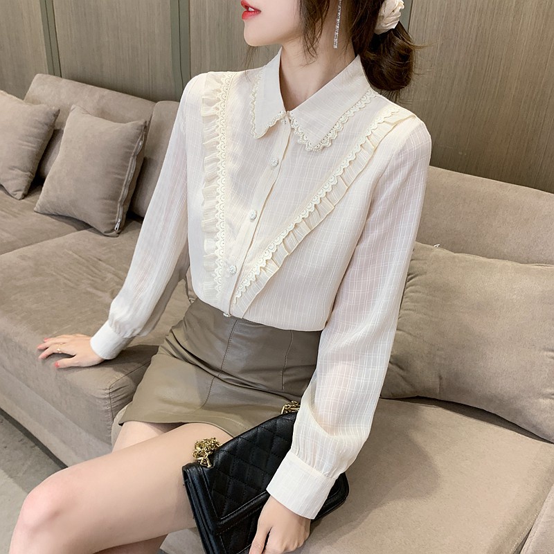Áo voan tay dài cổ búp bê phối ren thời trang chất lượng cao cho nữ