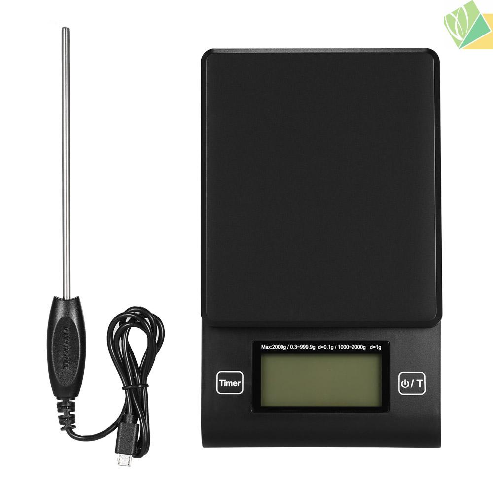 (sicily) Digital Coffee Scale Multifunction Kitchen Food Scale with Timer Temperature Probe LCD Display Green Backlight 2000g/1g