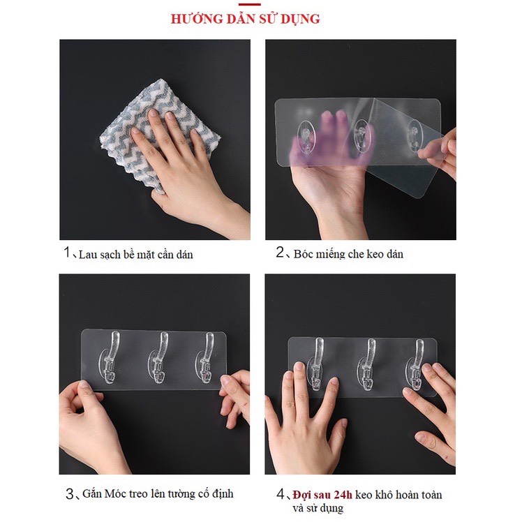 Móc treo quần áo, treo đồ đa năng dán tường trong suốt thanh 6 móc liền nhau siêu chắc.