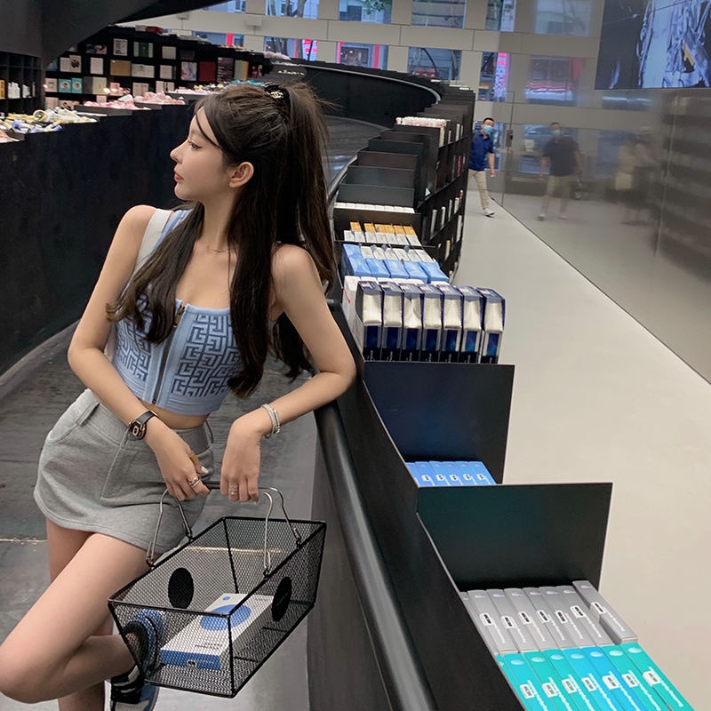 Jacquard zipper sling vest female designer short sleeveless sweater 2022 new U-collar t-shirt