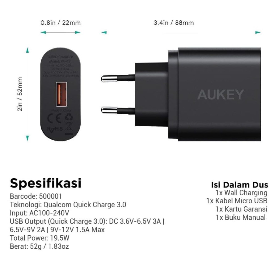 Củ Sạc Aukey Pa-T9 Qc 3.0 Micro Usb Gắn Tường