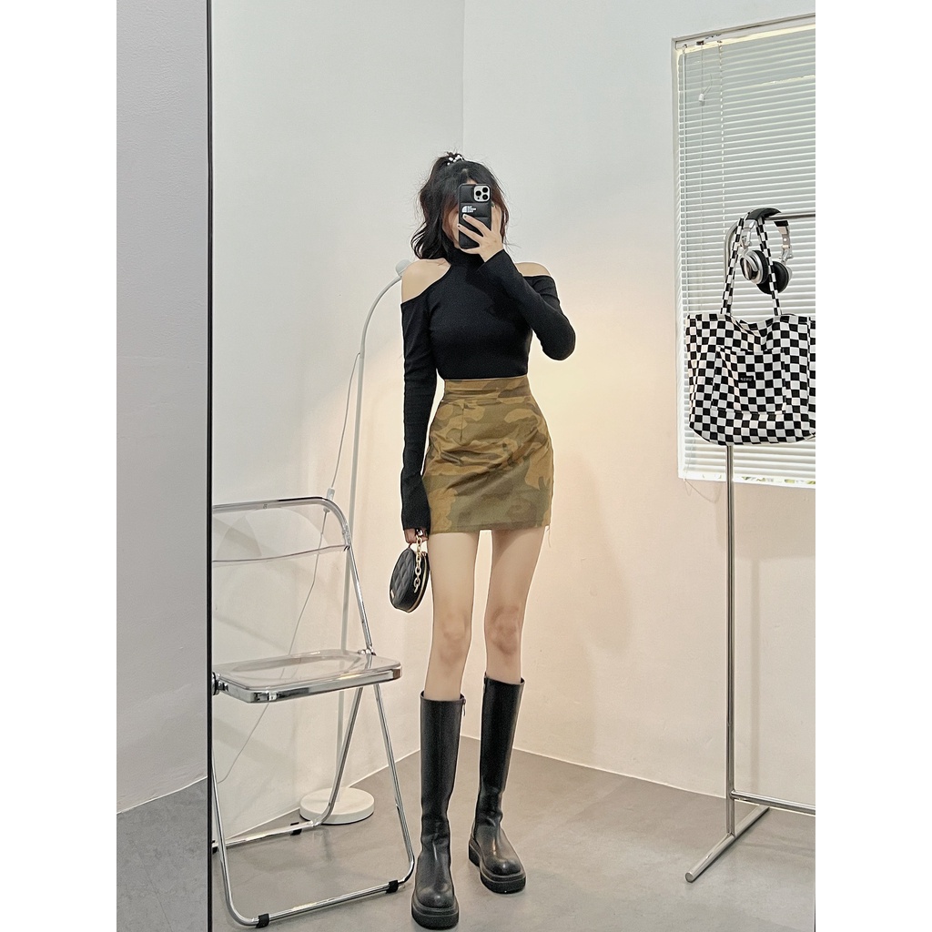 Áo croptop nữ khoét yếm HHVINTAGE kiểu tay loe xẻ Top A21