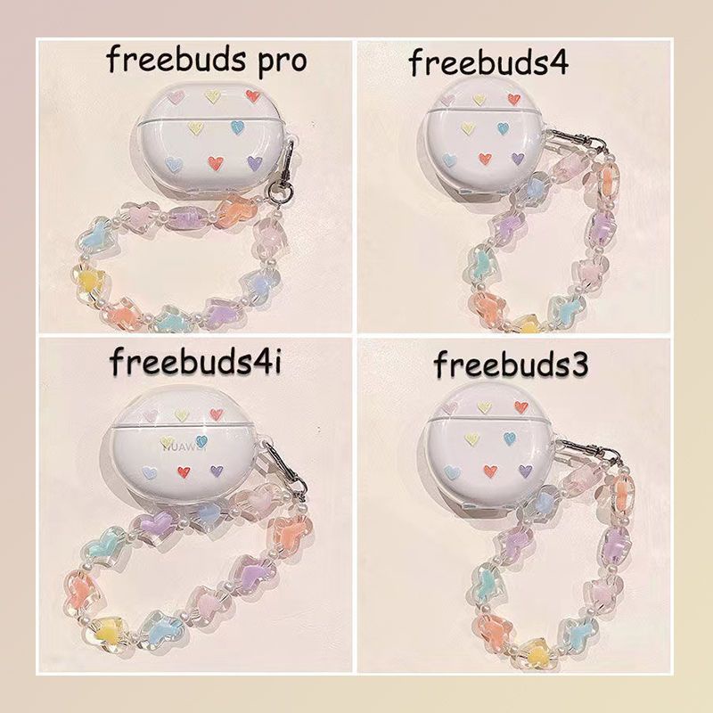 Vỏ Bảo Vệ Hộp Sạc Tai Nghe Huawei Freebuds Pro 4 4i 4e 3 Bằng Silicon Mềm Trong Suốt Họa Tiết Trái Tim Dễ Thương Kèm Dây Đeo Sợi Xích
