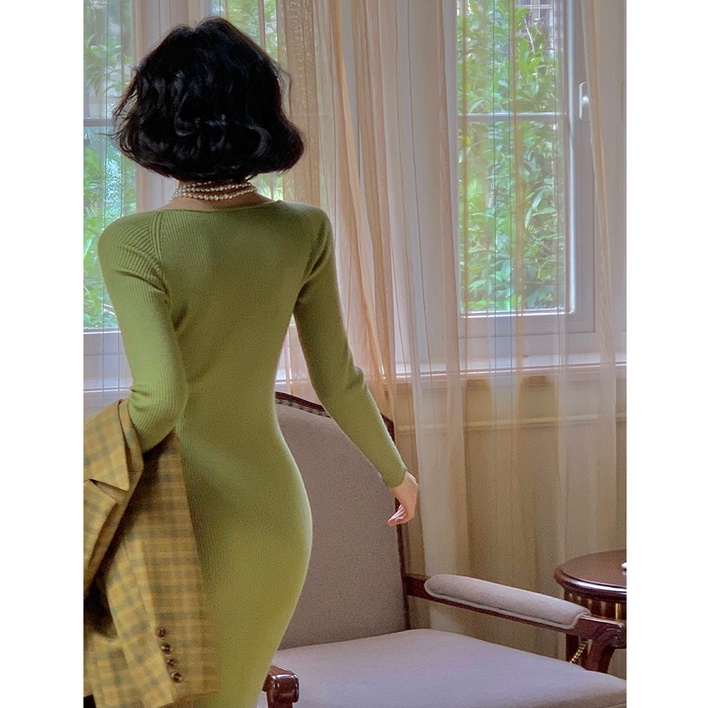 Đầm dệt kim tay dài cổ vuông thiết kế mới thời trang mùa thu theo phong cách vintage dành cho nữ