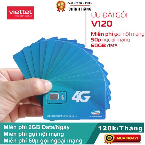 [Miễn phí tháng đầu] SIM 4G Viettel V120 - V90. Miễn phí 60GB/tháng (2GB/ngày), miễn phí gọi nội mạng + 50' ngoại mạng