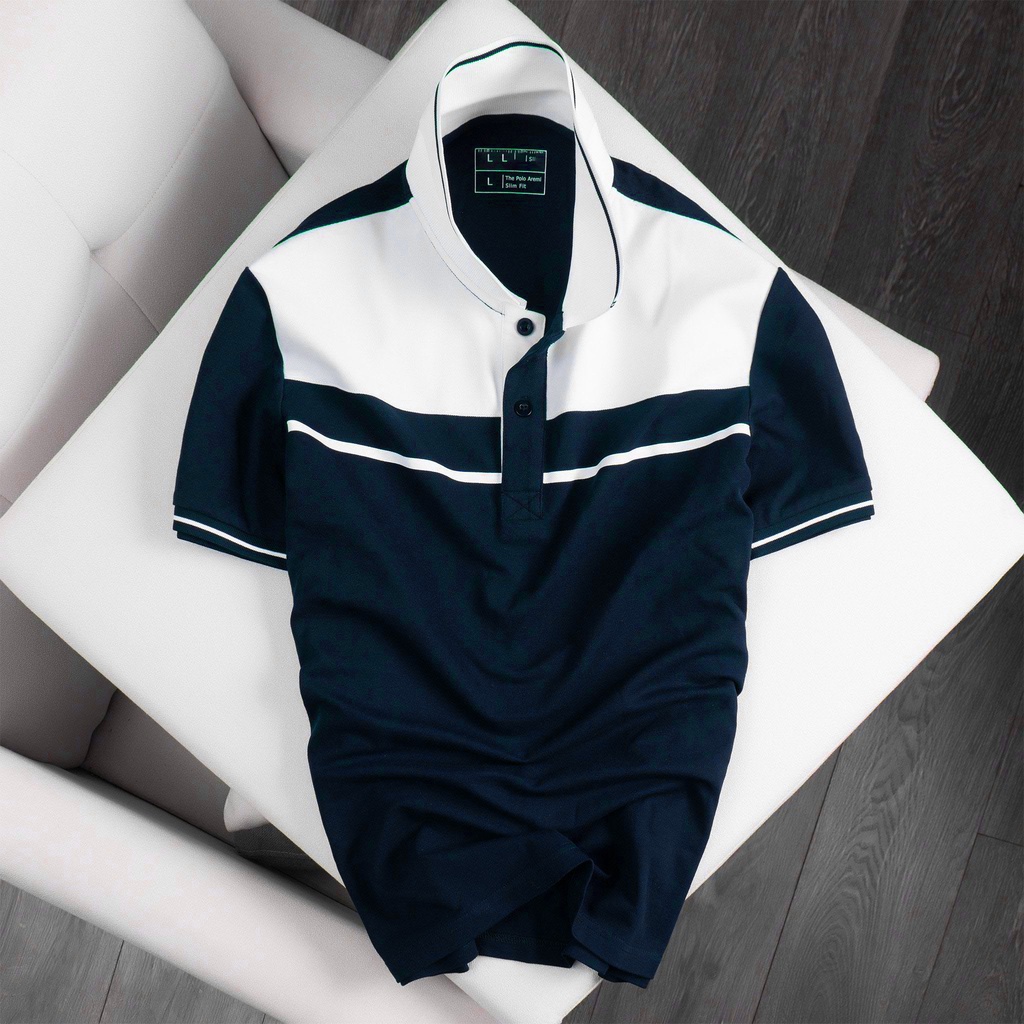 Áo POLO NAM xanh than phối kẻ thun trơn cổ bẻ co dãn 4 chiều, form chuẩn, full size