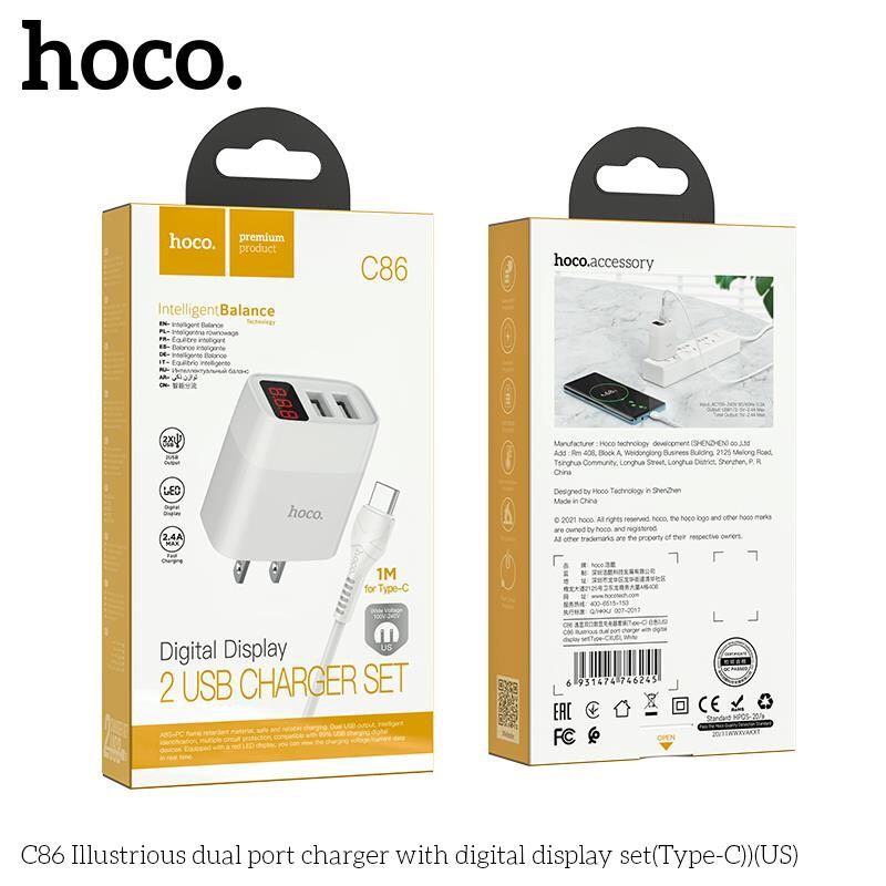 Bộ Sạc Type-C Hoco C86 Cho Samsung, Xiaomi, Oppo,... Bộ Sạc 2 Cổng Có Đèn, Sạc Nhanh MAX 2.4A [CHÍNH HÃNG]