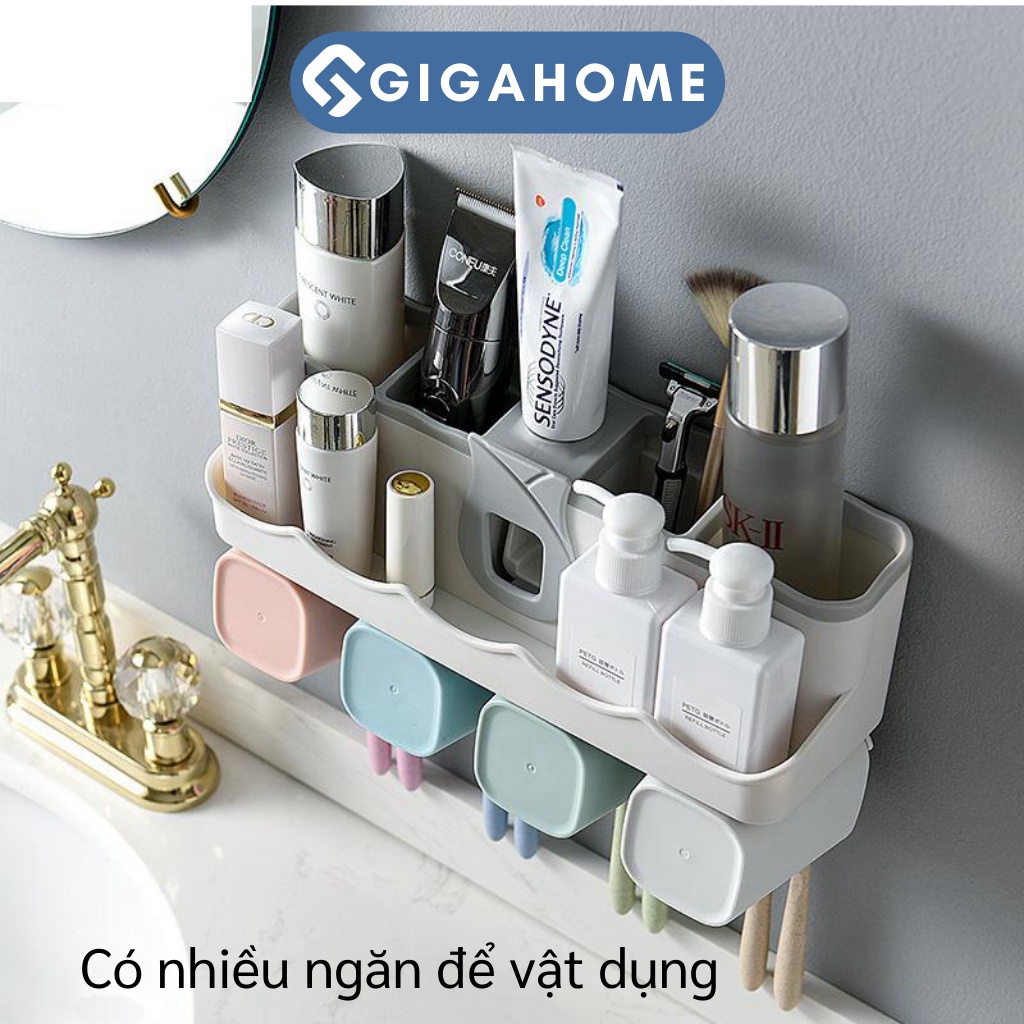 Bộ Nhả Kem Đánh Răng Tặng Kèm 4 Cốc GIGAHOME Có Giá Treo Bàn Chải, Kệ Để Đồ 8149