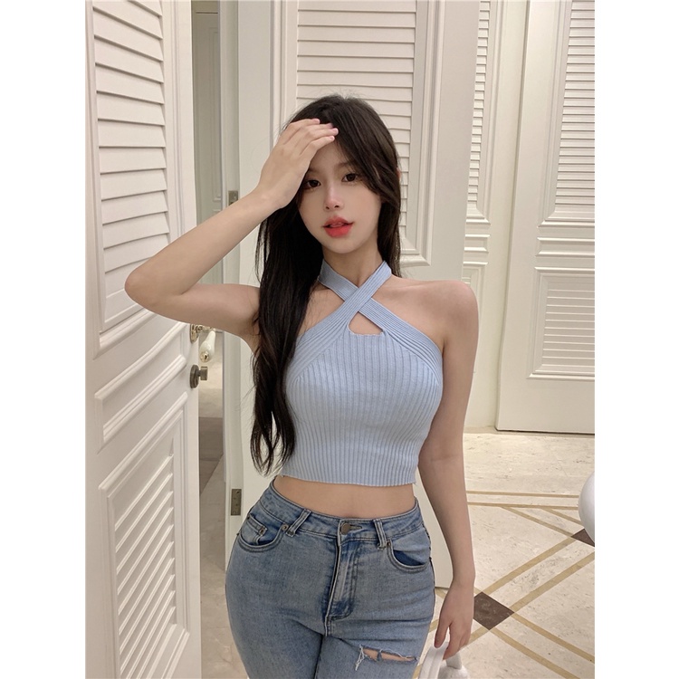 Porozi Áo croptop dệt kim dáng ngắn hở eo quyến rũ trẻ trung phong cách Hàn Quốc