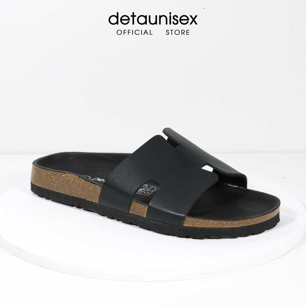 Dép Birken đế trấu chữ H nam nữ phong cách Detaunisex màu Đen lót Đen - DETA14F