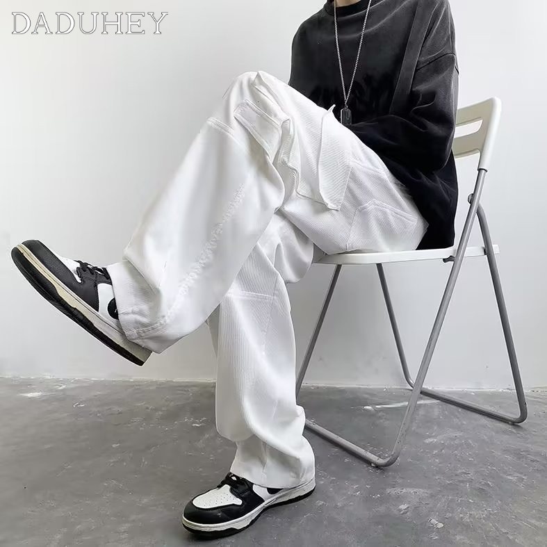 DaDuHey Men's High Street Loose Multi-Pocket Cargo Pants Pants Vibe Style Retro Distressed High Waist Straight Casual Pants
