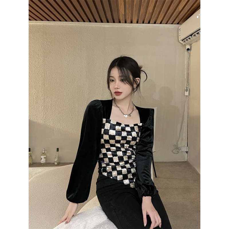 Áo kiểu tay phồng dài cổ vuông họa tiết sọc caro thời trang Hàn Quốc