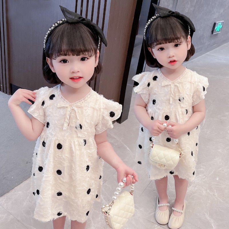 2021 Bé gái Mùa hè Hàn Quốc Tay ngắn áo Jacquard 1--6 Tuổi Trẻ em mỏng Polka Dot Princess Skirt