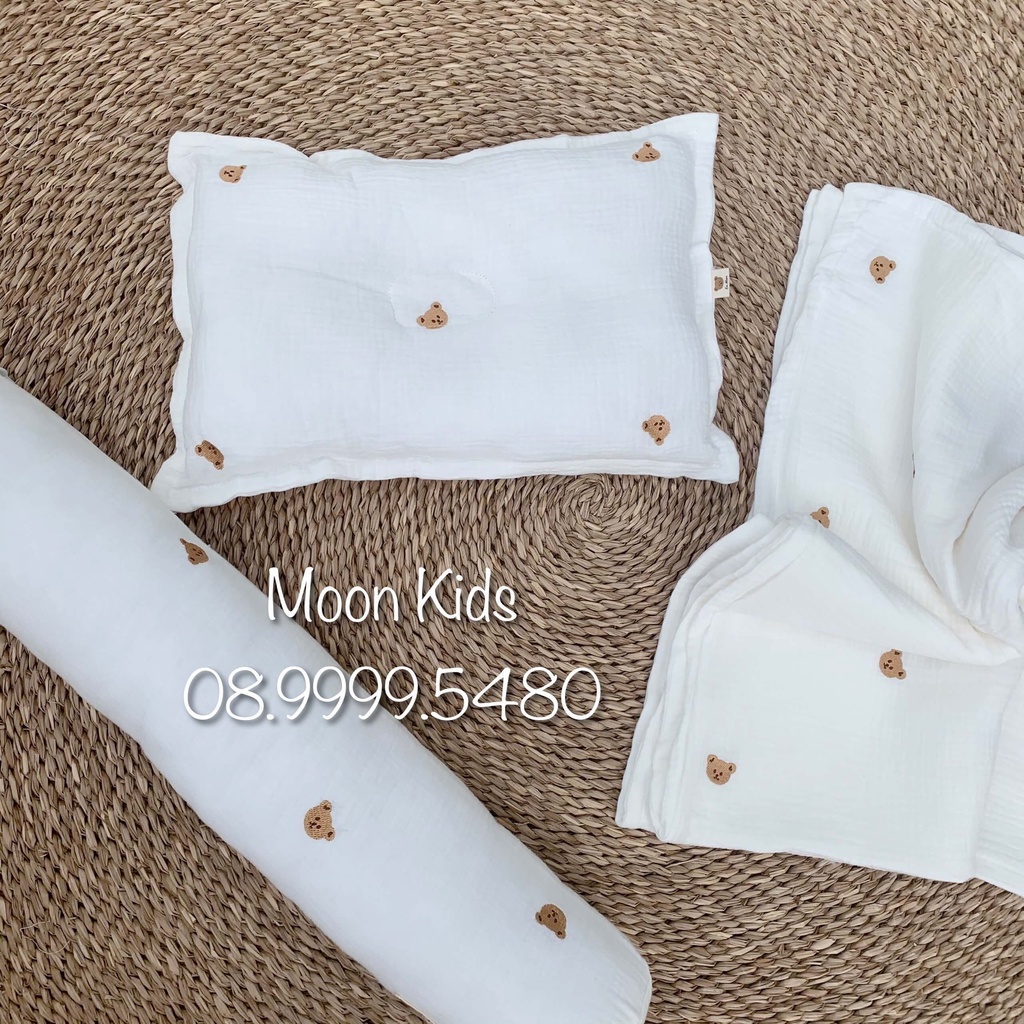 Gối sơ sinh cao cấp vải muslin thêu hoạ tiết siêu mỏng đẹp an toàn cho bé yêu (0-3m)