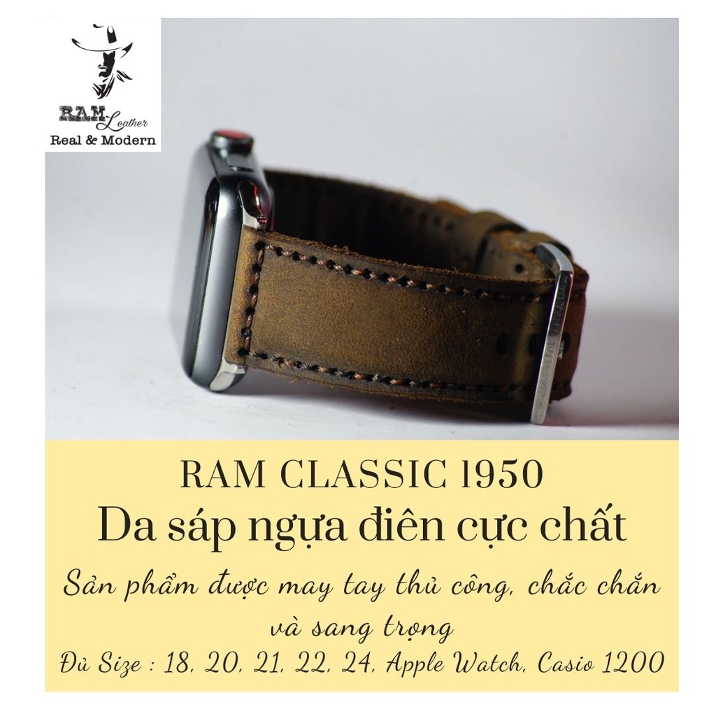 Dây đồng hồ da bò thật size 22mm bản RAM Leather - tặng khóa chốt và cây thay dây