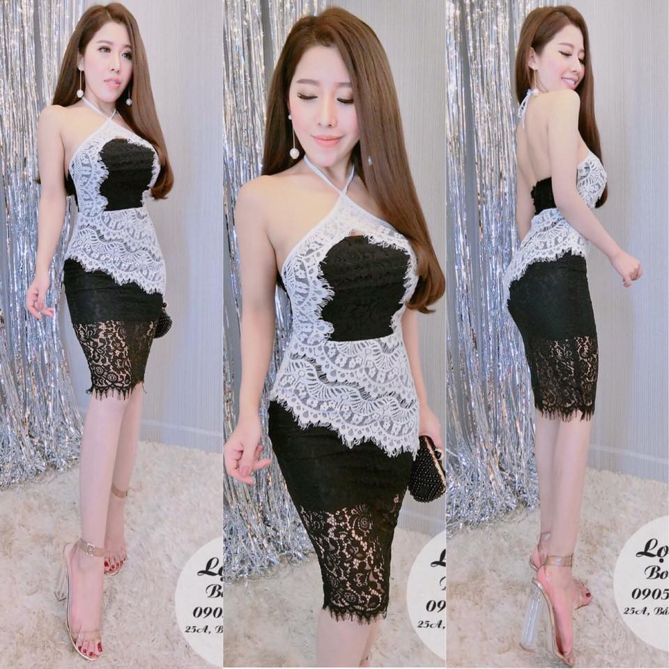 Đầm body ren cổ yếm phối màu (trắng, đen)