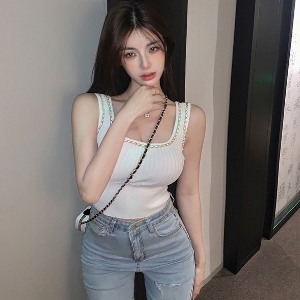 Áo dệt kim ZHELIHANGFEI sát nách hở eo phối dây xích cá tính