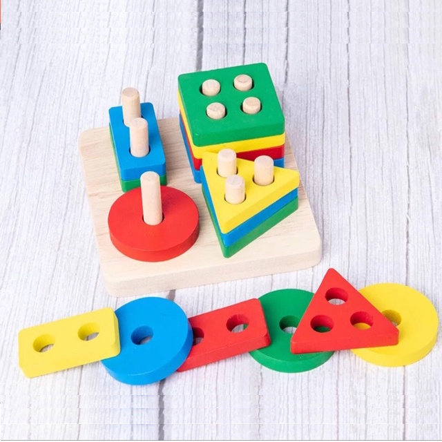 Đồ chơi gỗ Montessori, đồ chơi xếp hình bằng gỗ cho bé nhận biết Hình Khối và Mầu Sắc: 2 món, 3 món, 5 món - vô cùn