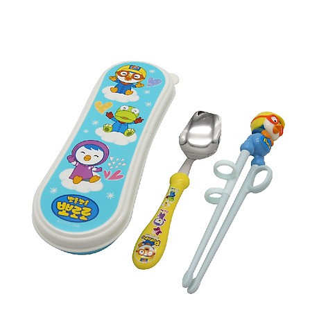 SET DỤNG CỤ TẬP ĂN 3 MÓN (THÌA, ĐŨA NHỰA XỎ NGÓN, HỘP ĐỰNG) EDISON HÌNH PORORO CHO BÉ (CÓ HỘP NHỰA) MÀU XANH / HỒNG