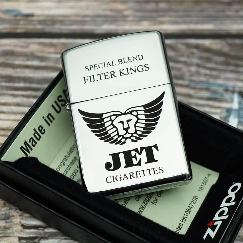 Bật zippo bạc, hộp quẹt Satin Chrome khắc JET vỏ dày hàng Mỹ- KenZ