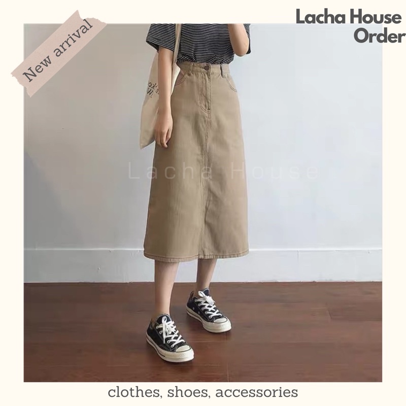 [ORDER] Chân Váy Jeans Midi Màu Be Hàn Quốc