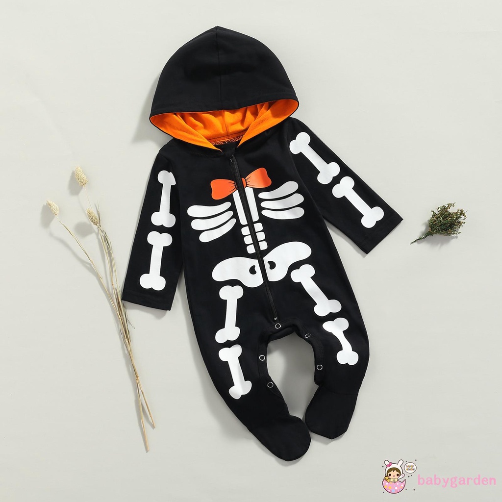 Bộ Áo Liền Quần Tay Dài Có Nón In Hình Bộ Xương Halloween Cho Bé