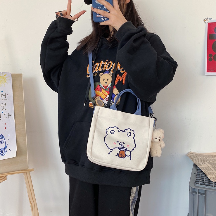 Túi tote vải canvas nữ đeo vai mini họa tiết gấu thỏ cute thời trang Ulzzang Hàn Quốc