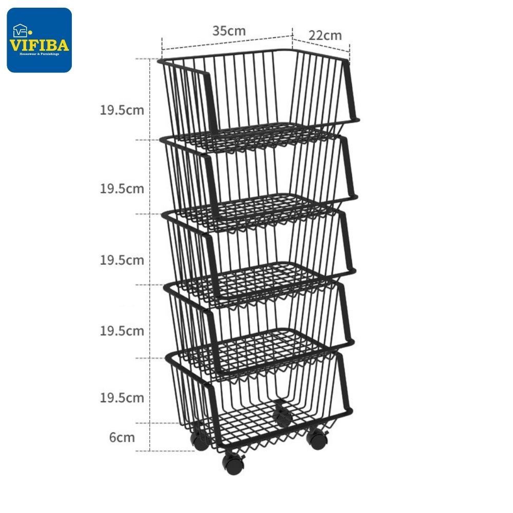 Kệ rổ đựng rau củ VIFIBA Loại 5 tầng Có bánh xe 35x22x103cm Thép carbon không gỉ Sơn tĩnh điện Màu đen