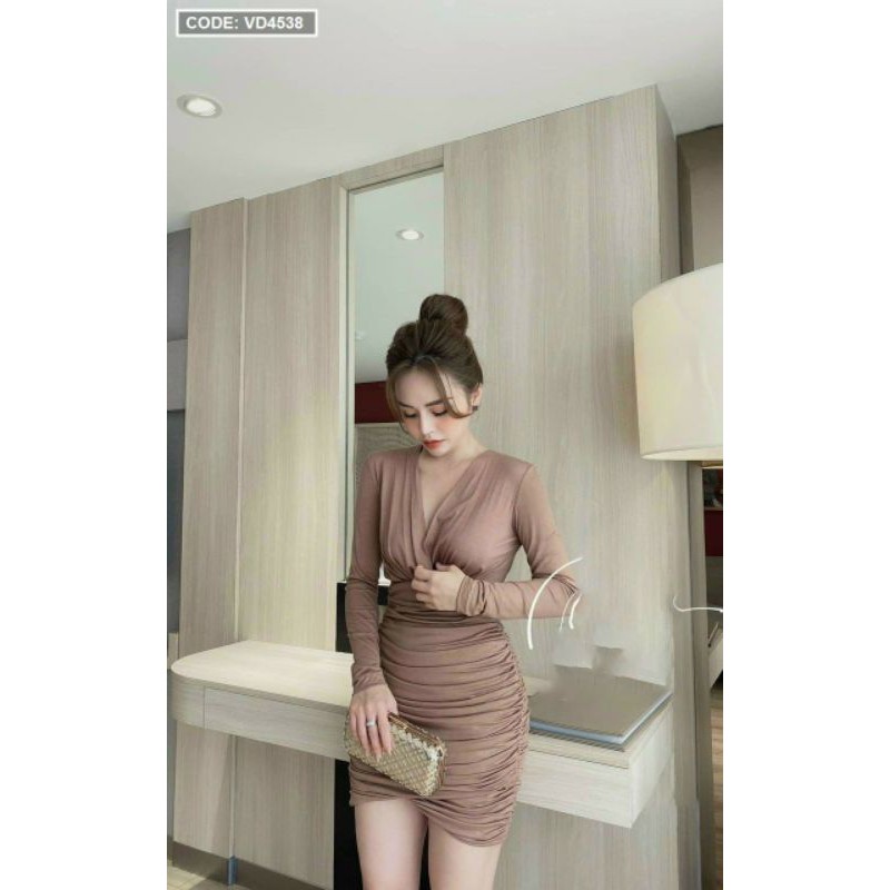 Đầm thun nữ tay dài đắp chéo nhúng thun