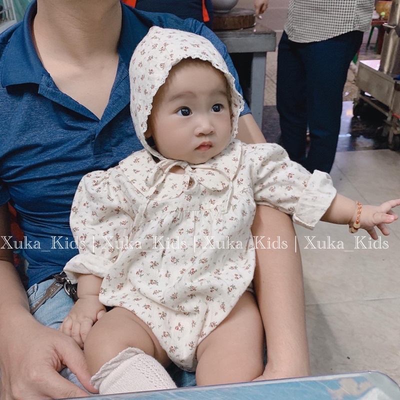 Bodysuit Dài Tay Cổ Sen Kèm Mũ Hoa Nhí [Jennybebe] Bodysuit Hoa Nhí Cho Bé [Ảnh Thật]