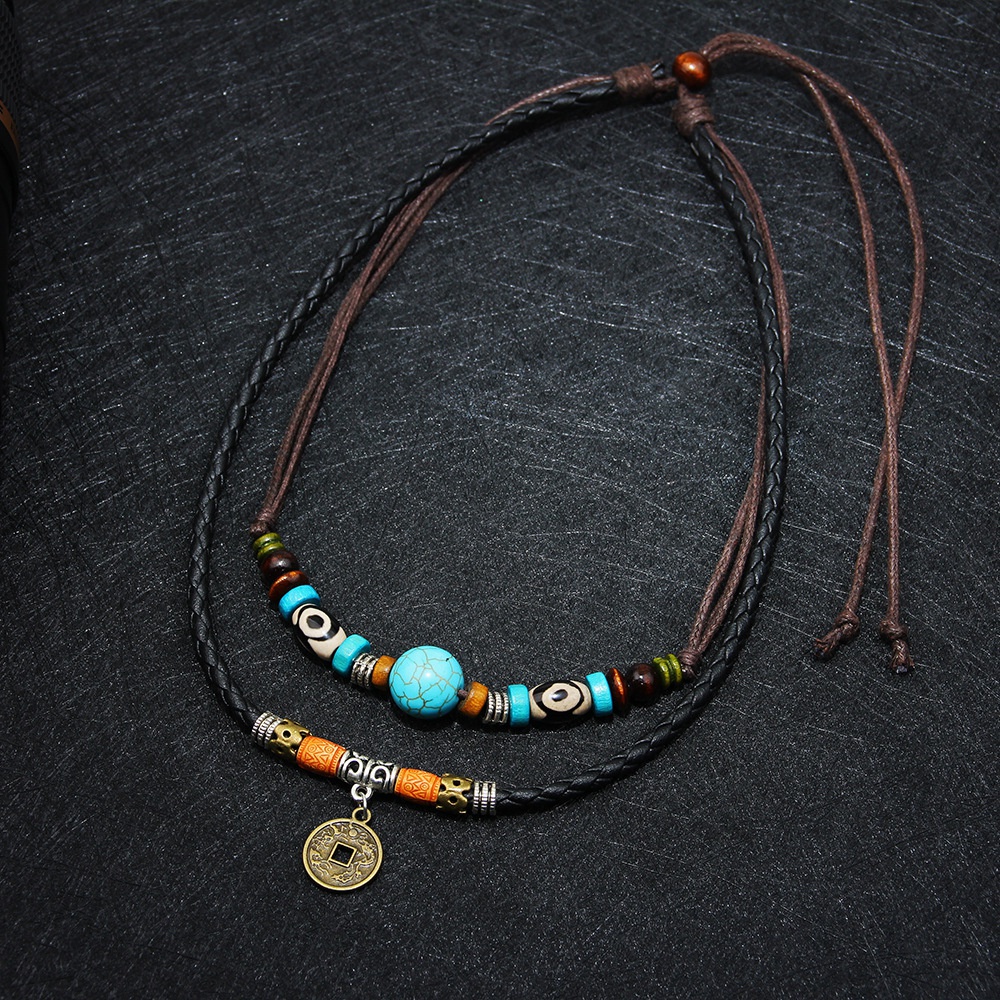 Vòng Cổ Dây Da Hai Lớp Mặt Răng Sói Nhân Tạo Phong Cách Bohemian Cổ Điển Với Hạt Ngọc Lam/Đồng Xu