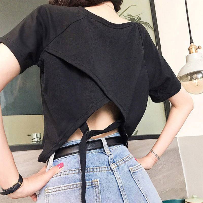 Áo Thun Tay Ngắn Xẻ Tà Sau Lưng Phong Cách Hàn Quốc Độc Đáo Cho Nữ