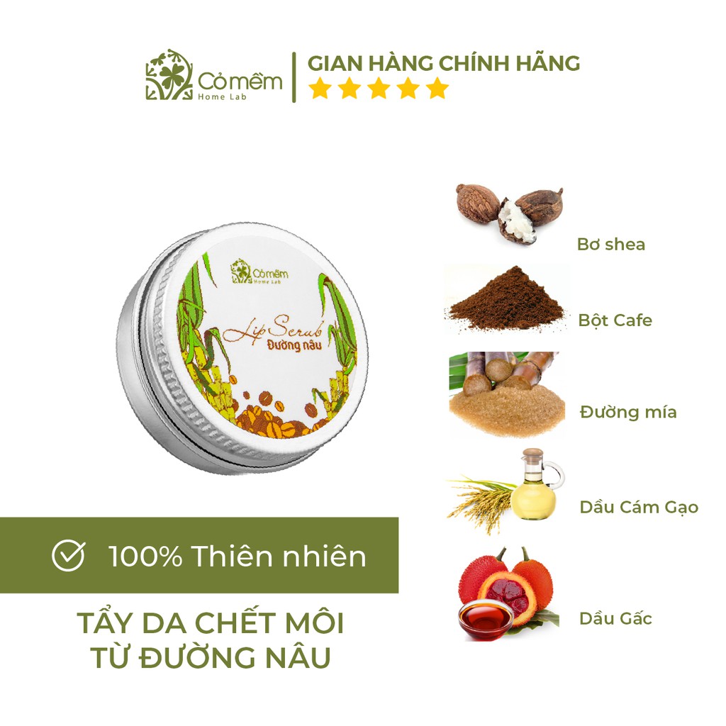 Tẩy Da Chết Môi Thiên Nhiên Từ Cafe Xay Mịn, Dầu Dưỡng - Lip Scrub Đường Nâu Cỏ Mềm 18g - Dưỡng Môi Mềm Mại, Hồng Hào