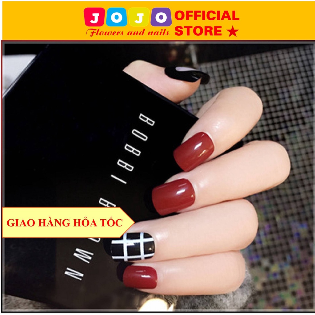 Set 24 móng tay giả sơn trơn họa tiết kẻ Jojo C63 móng giả đẹp thời trang có keo dán tự làm tại nhà